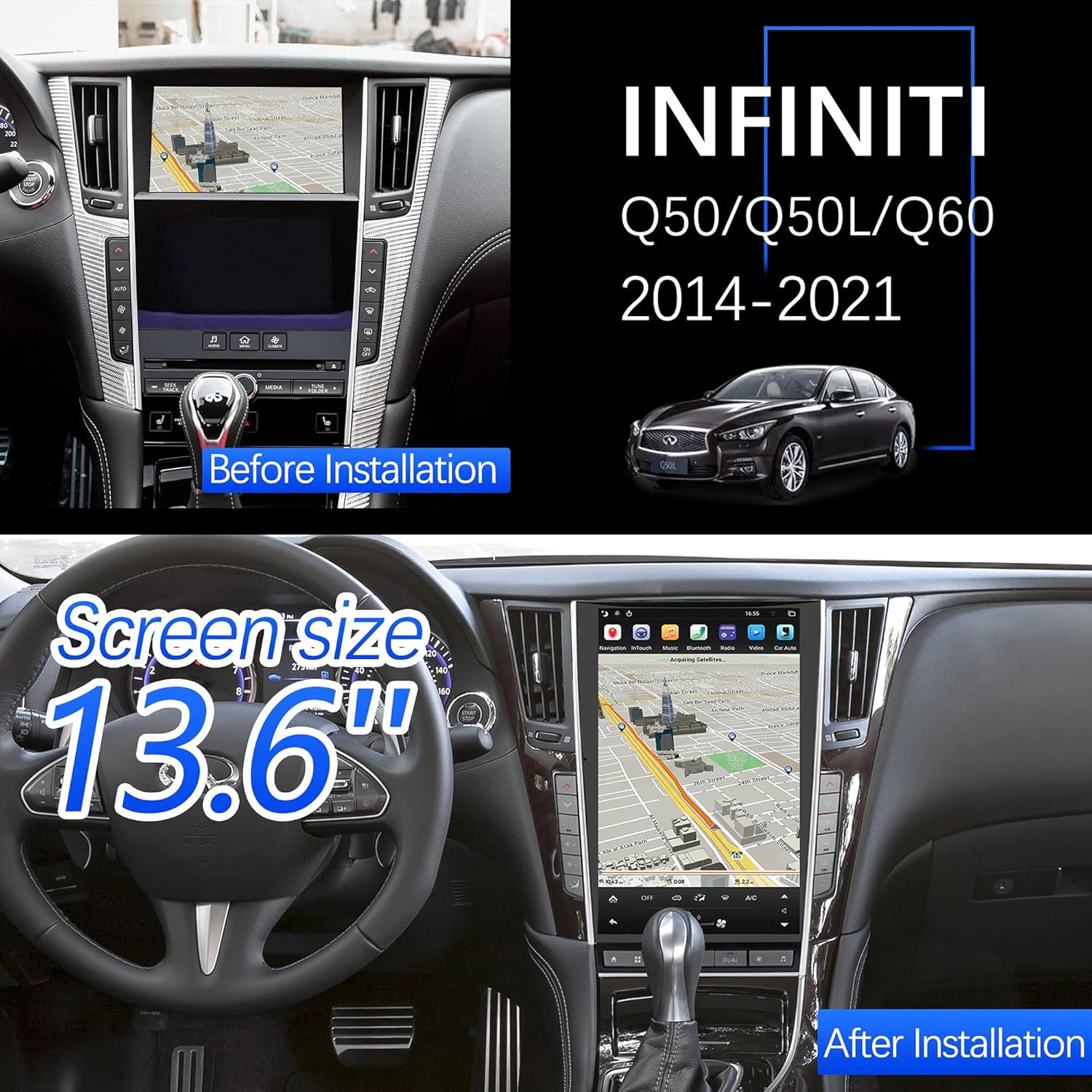 Android Car Radio for Infiniti Q50/Q50L/Q60 2014-2021, 13.6'' FHD Touch Screen Navigation Radio Car Stereo with Px6 Six-core 4GB Ram 64GB ROM