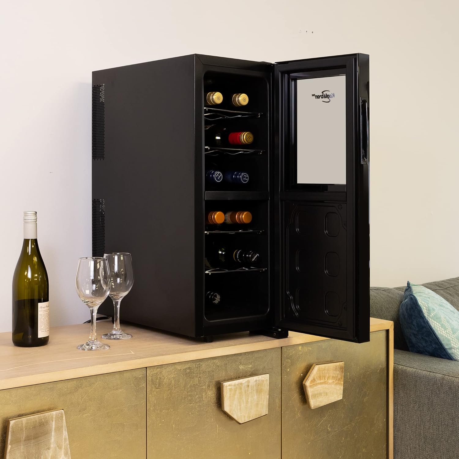 Koolatron Urban Series 12 Bottle Dual Zone Wine Cooler, Black, Thermoelectric Wine Fridge, Freestanding Wine Cellar, Red, White
