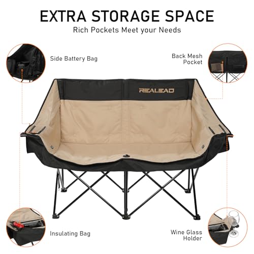 REALEAD Heated Double Camping Chair, 3 Heat Levels and 4 Heating Zones, Portable Heated Loveseat Chair for Outdoor Sports Support 650lbs