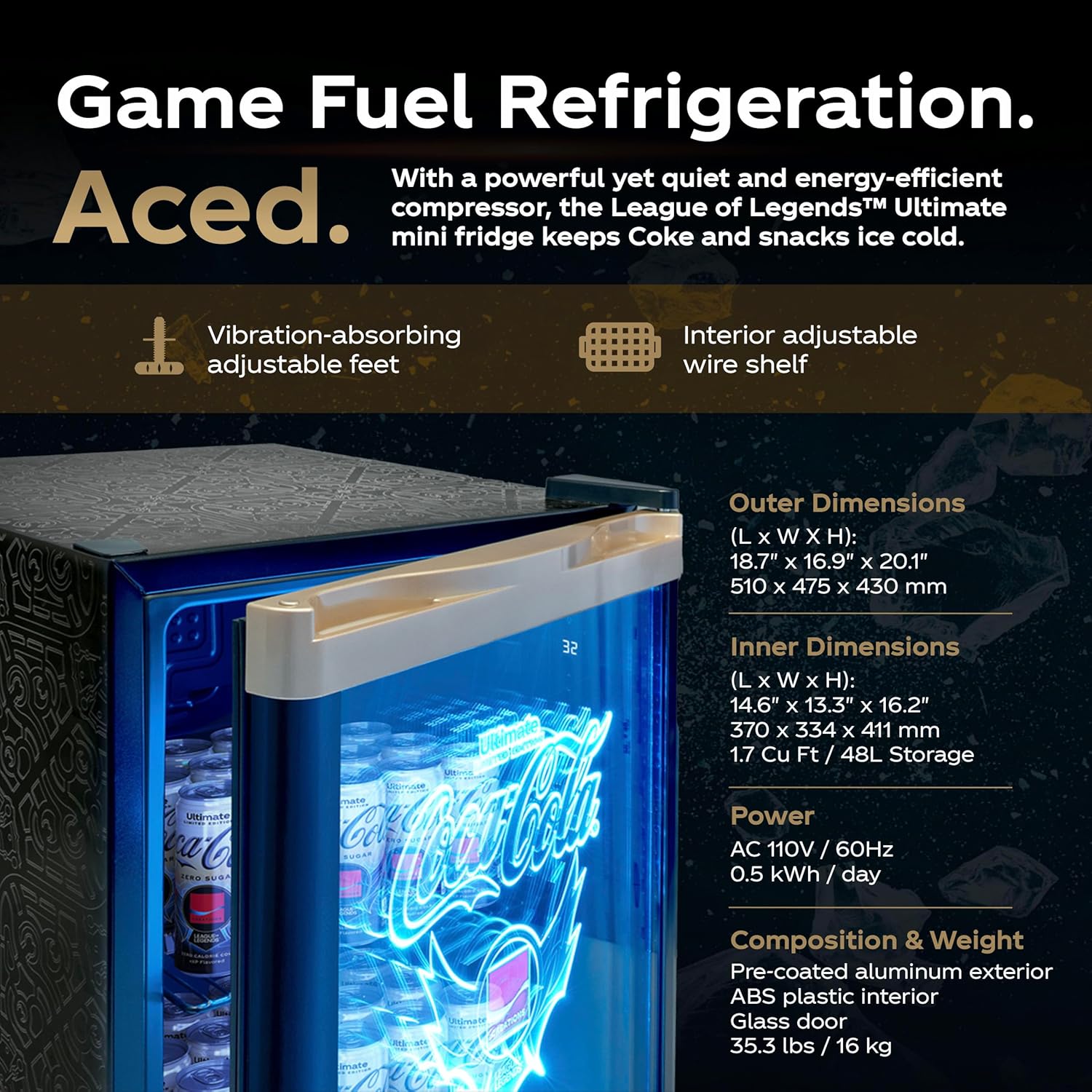 Cooluli League of Legends® Ultimate 48L Mini Fridge – Limited Edition Coca-Cola® Exclusive Gaming Room Mini Fridge, Cool LED lighting