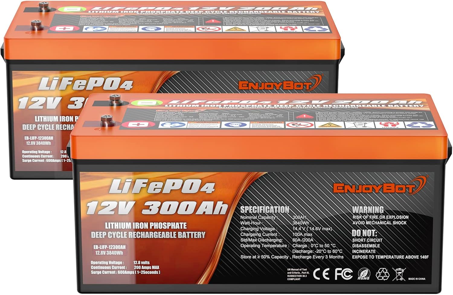 Enjoybot Deep Cycle Battery LiFePO4 12V 300Ah, Built-in 200A BMS, Lithium Iron Phosphate Battery for Solar RV Marine Camping