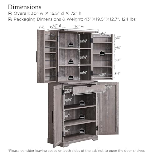 72" Tall Kitchen Pantry, Farmhouse Storage Cabinet with Barn Doors, Organizer, Drawer and Adjustable Shelves, Rustic Wood Cupboard for Kitchen