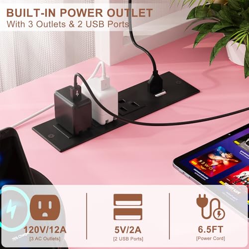 Aheaplus L Shaped Gaming Desk with Power Outlets & LED Lights, Small L- Shaped Desk Computer Corner Desk with Monitor Stand & Storage Shelf