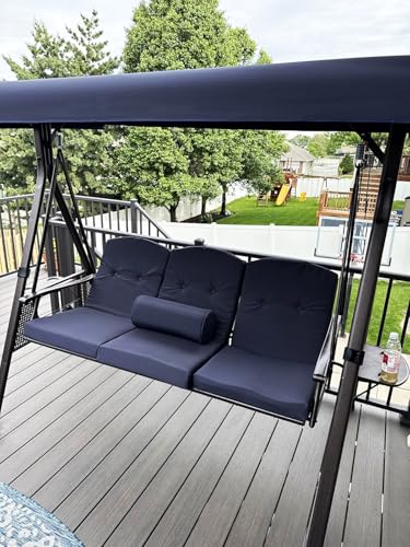 PURPLE LEAF 3-Seat Deluxe Outdoor Patio Porch Swing with Weather Resistant Steel Frame, Adjustable Tilt Canopy, Cushions and Pillow Included, Beige