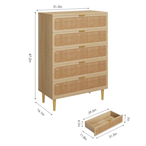 Rattan 5 Drawer Dressers for Bedroom, Tall Dresser with Deep Drawers, Large Chest of Drawers for Closet with Wide Top