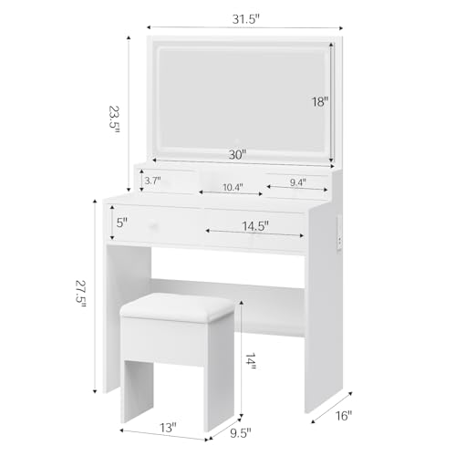 Haewon White Makeup Vanity with Lighted Mirror and Charging Station, Vanity Table Set with Adjustable Lighting, 4 Drawers, Storage Chair for Bedroom