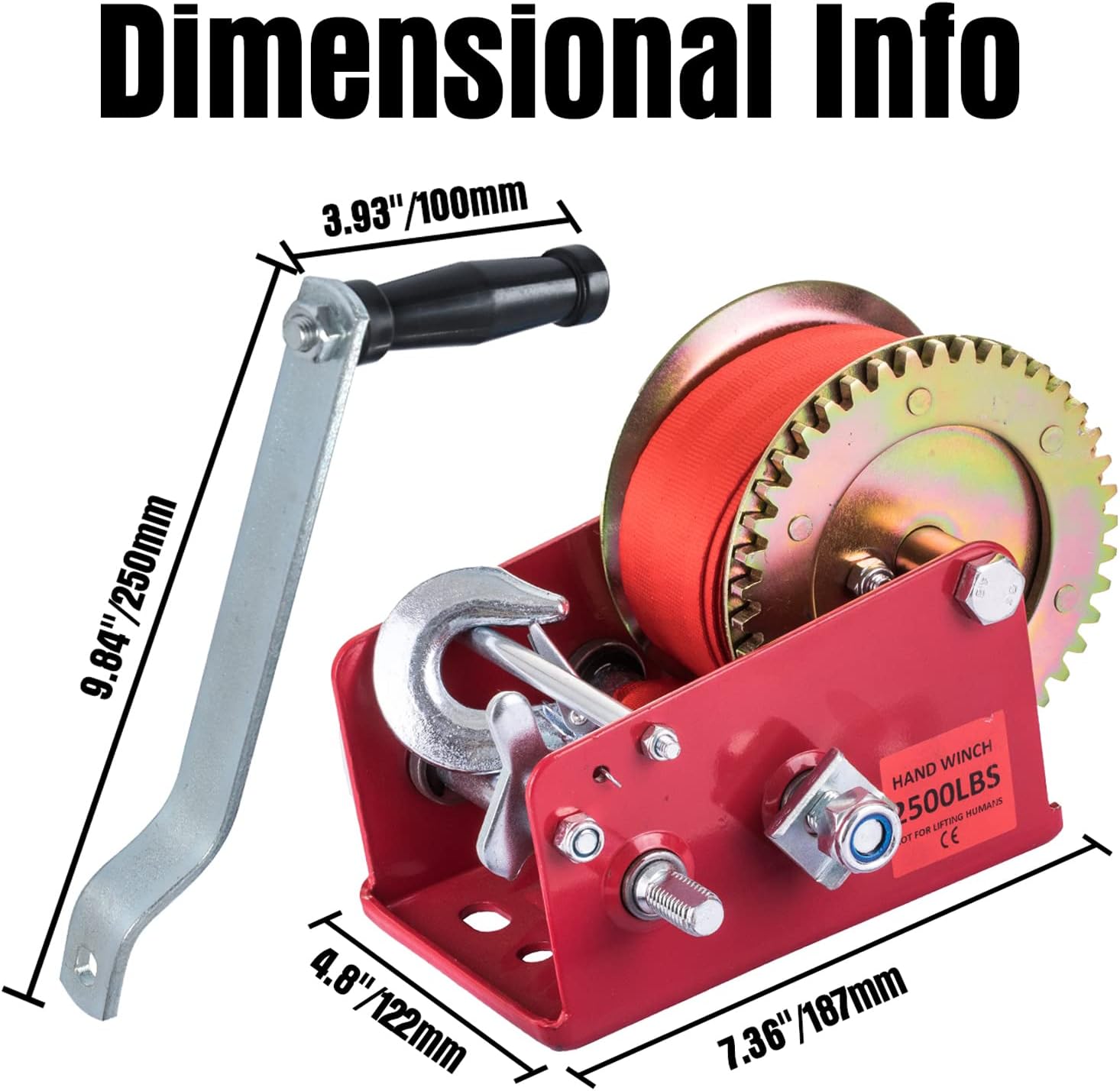 Hand Winch Heavy Duty 3500lbs with Nylon Strap and Ratchet Handle Hook 2 Gear Manual Crank Towing Winch for ATV Boat Trailer Truck Auto (2500 Red)