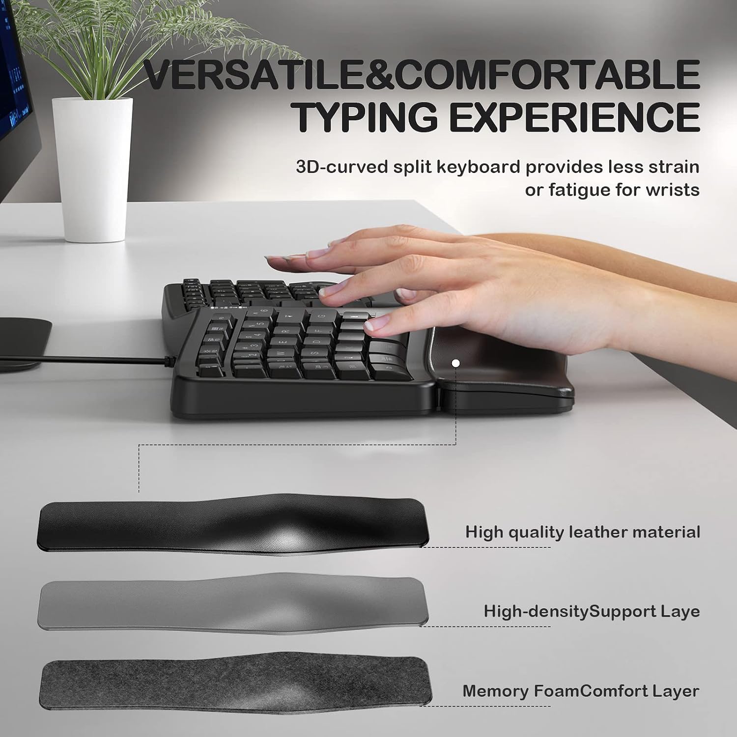 Backlit Wired Ergonomic Keyboard USB Split Keyboard with Wrist Rest and Comfortable Typing, 104 Keys, 10 Shortcuts, 5.2ft USB Cable for Windows