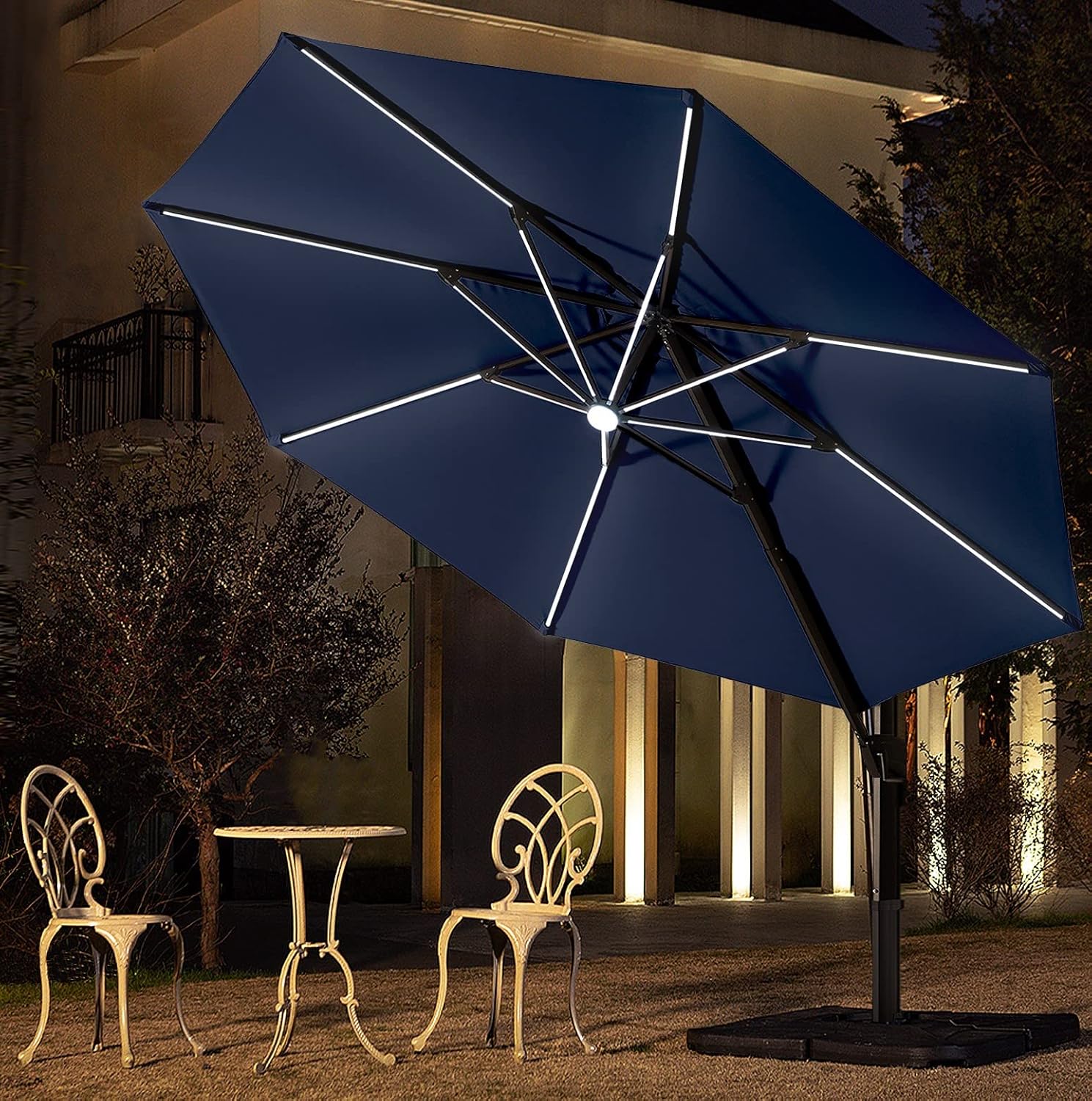 BLUU 10 FT Solar Cantilever Umbrella LED Patio Outdoor Umbrella Aluminum Offset Umbrella with 14 Strip Lights and Center light