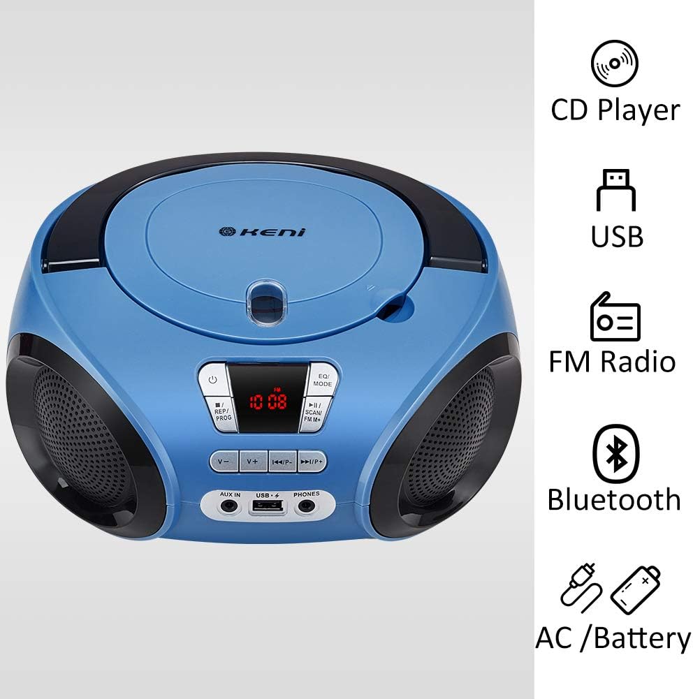 G Keni Portable CD Player Boombox with FM Radio/USB/Bluetooth/AUX Input and Earphone Jack Output, Stereo Sound Speaker, Audio Player, Blue Pack of 2