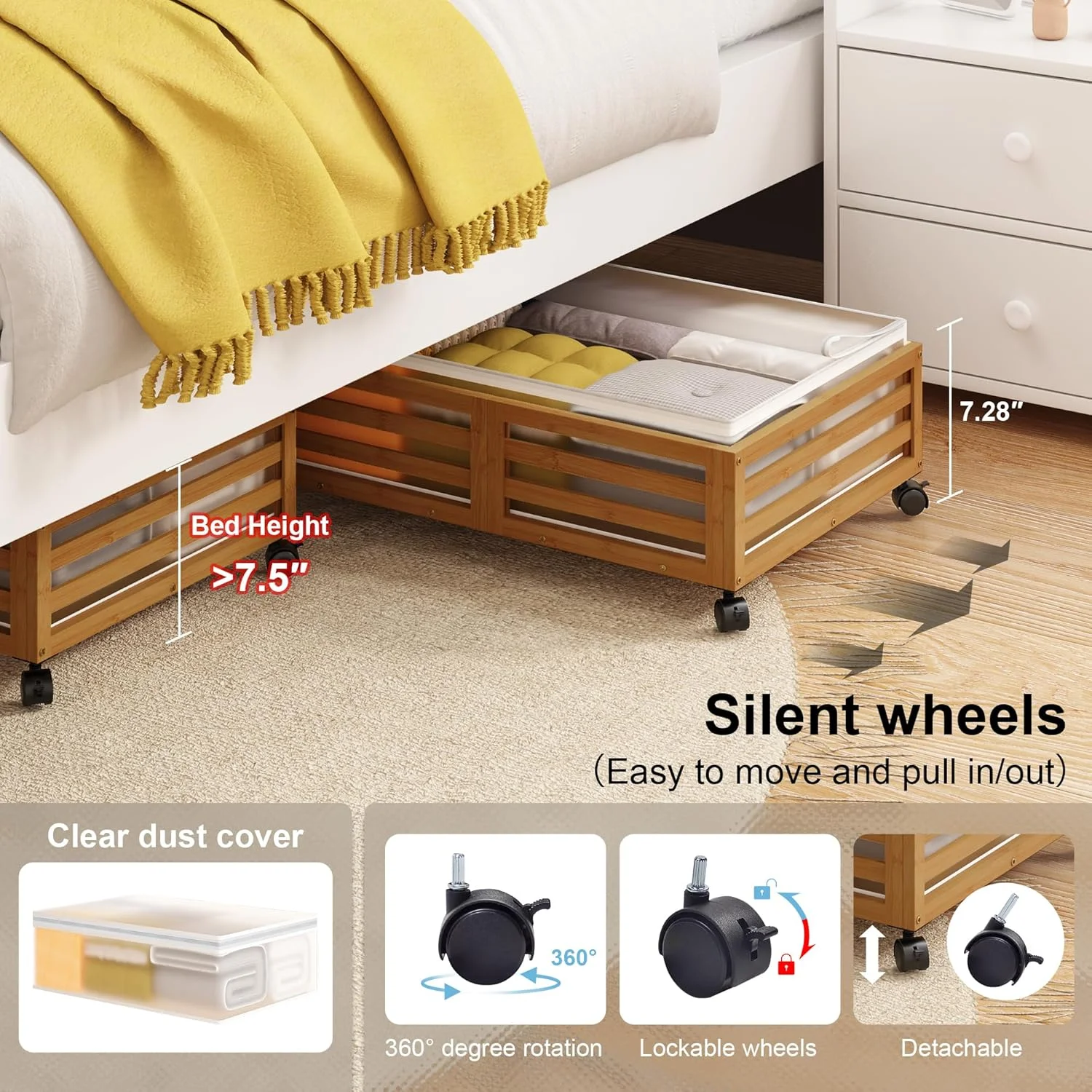 Under Bed Storage Containers With Wheels - 2 Pcs Bamboo Wood Rolling Underbed Shoe Storage Bins With Dust Bags for Clothes Blankets