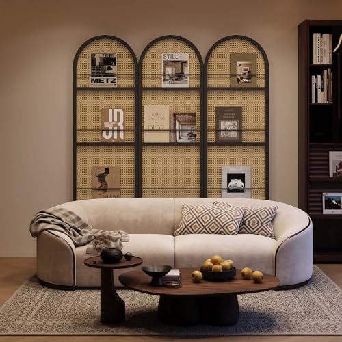 Room Divider and Folding Privacy Screens, Pine Wood 5.6 Ft Double Hinged Rattan Partition Freestanding Wall Room Divider for Home - 3 Panels