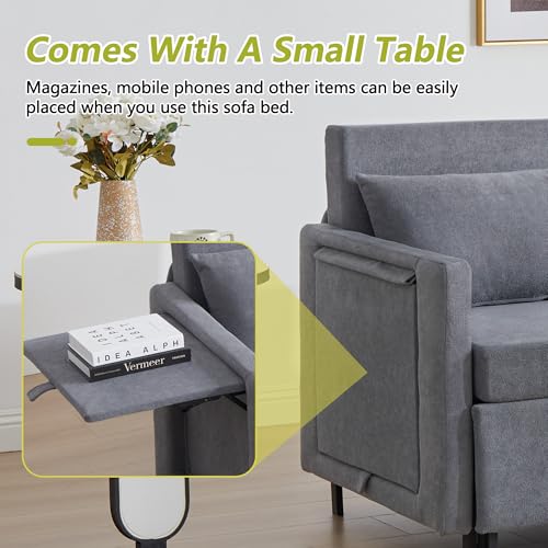 3-in-1 Sleeper Sofa Bed, 51'' Convertible Folding Couch with Pullout Bed, Chenille Futon Sleeper Sofa with Side Table and 2 Pillows