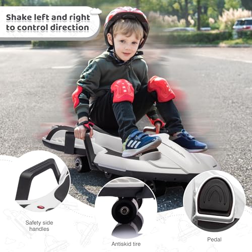 Dockey 24V Electric Ride On Toy for Kids Ages 6 & Up, High Power Drift Cart with Side Handlebars, Cool LED Lights & Music - Crazy Cart (White)