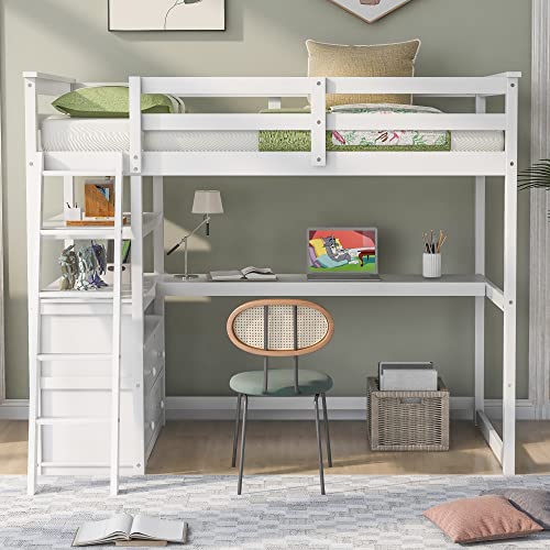 Full Size Loft Bed with Desk & Wardrobe, Solid Wood Kids Loft Bedframe w/3 Storage Drawers & 2 Shelves, Maximum Space Design, for Bedroom, Dorm, Gray