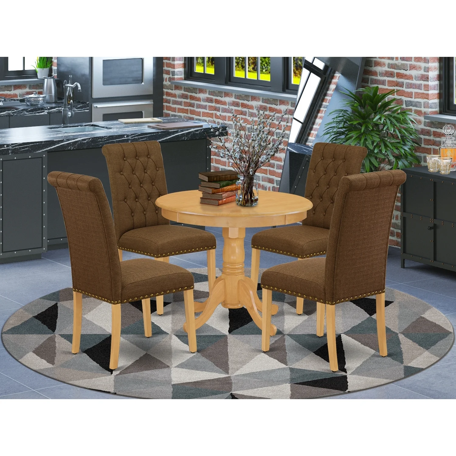 HomeStock Eclectic Exclusivity 5Pc Dining Set Includes A Small Round Dinette Table And Four Parson Chairs With Dark Coffee Fabric, Oak Finish