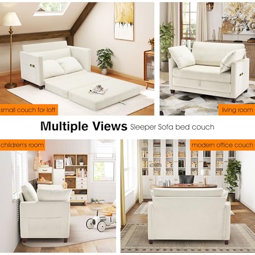 51" Loveseat Sleeper Sofa Bed, Chenille Convertible Floor Sofa Bed for Small Spaces, Folding Couch Bed with Deep Seat, 2 Pillows & Solid Frame