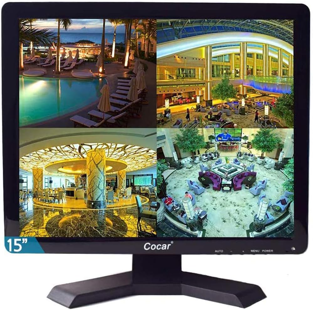 Cocar 15 inch CCTV Security Monitor with BNC VGA HDMI AV Built-in Speaker 4:3 HD Display LCD Screen Display with USB Media Player for Home