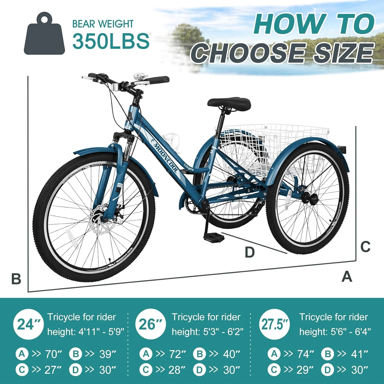 ABORON Adult Mountain Tricycle, 7 Speed Three Wheel Bike, 24/26/27.5 Inch Adults Trikes for Seniors with Shopping Basket