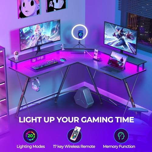 SEVEN WARRIOR Gaming Desk 50.4” with LED Light & Power Outlets, L-Shaped Gaming Desk Carbon Fiber Surface with Monitor Stand