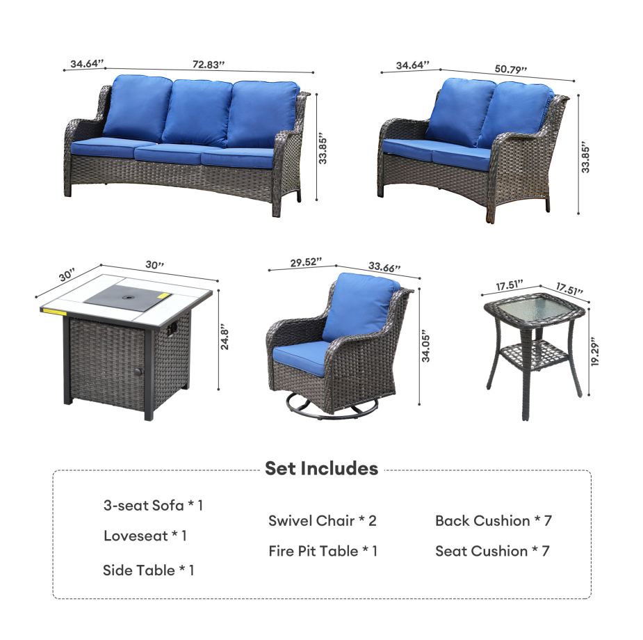 Vcatnet 6 Pieces Outdoor Patio Furniture Sectional Sofa All-weather Conversation Set with Swivel Rocking Chairs and Fire Pit Table for Garden