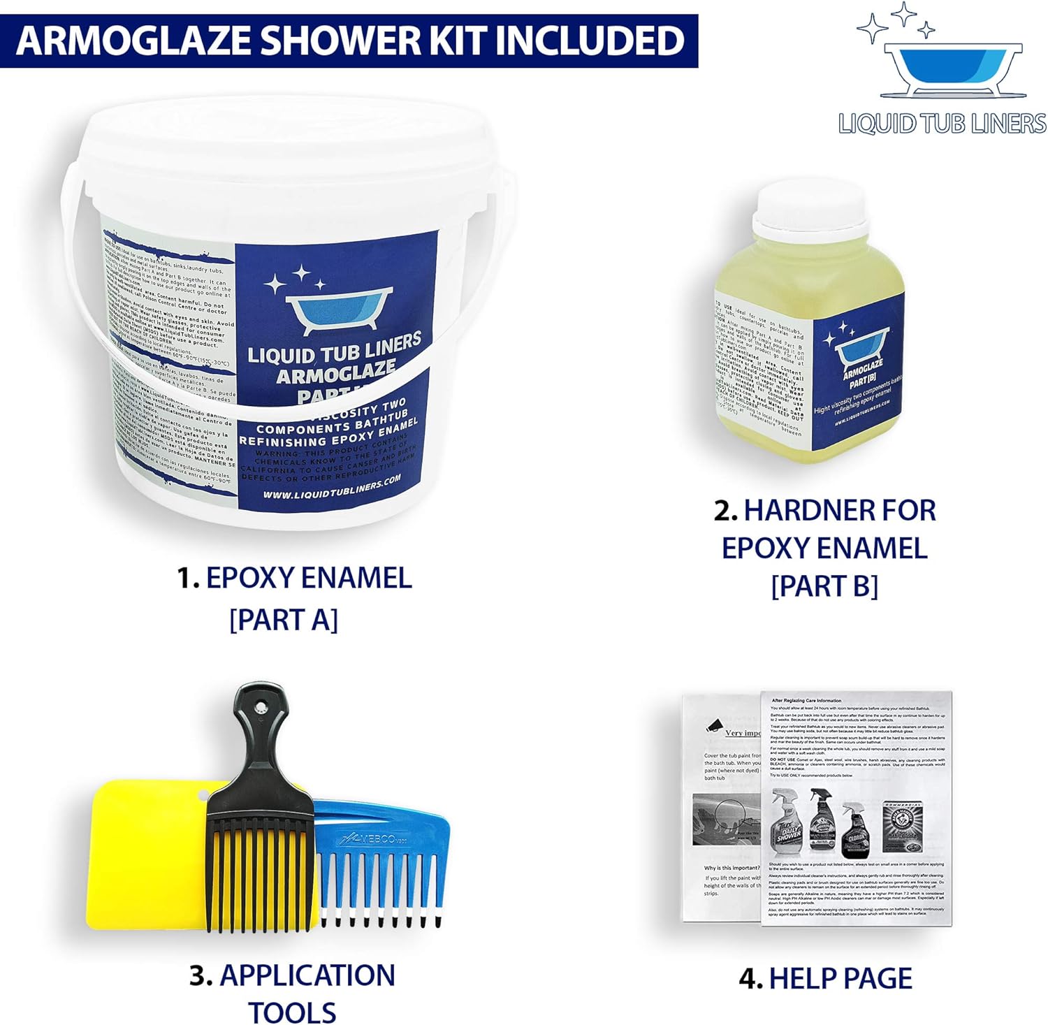 Armoglaze Shower Base Refinishing Kit, Easy Pour-on Application, Odorless, White Coating - 2 kg, Made In USA. (For Large Shower Base Size 6x3).