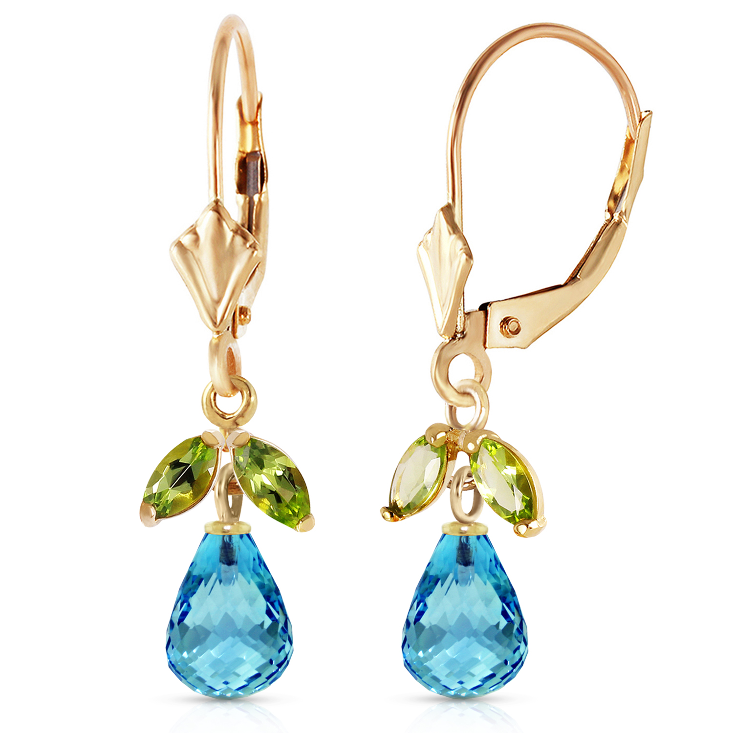 Galaxy Gold 14k Yellow Gold Leverback Earrings with Blue Topaz and Peridots