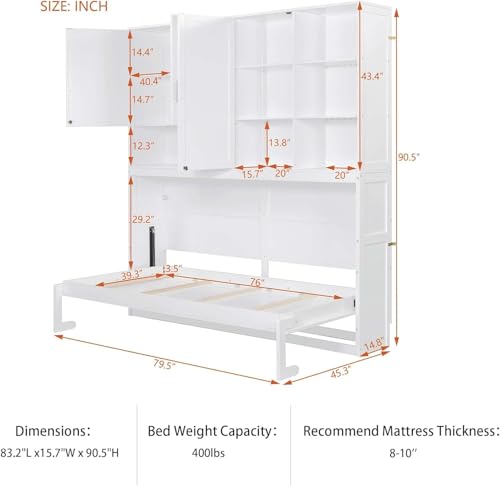 MERITLINE Twin Horizontal Murphy Bed with Storage Cabinet, LED Light and Charging Station