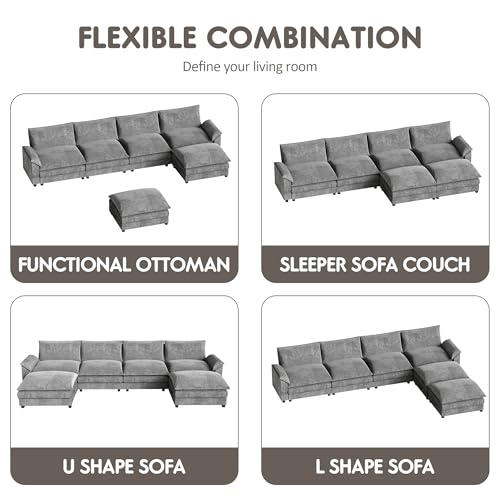 Homall 119" Modular Sectional Sofa, L Shaped Sofa Couch with Reversible Ottoman, DIY Combination Chenille Deep 3-Seat Cloud Couch for Living Room