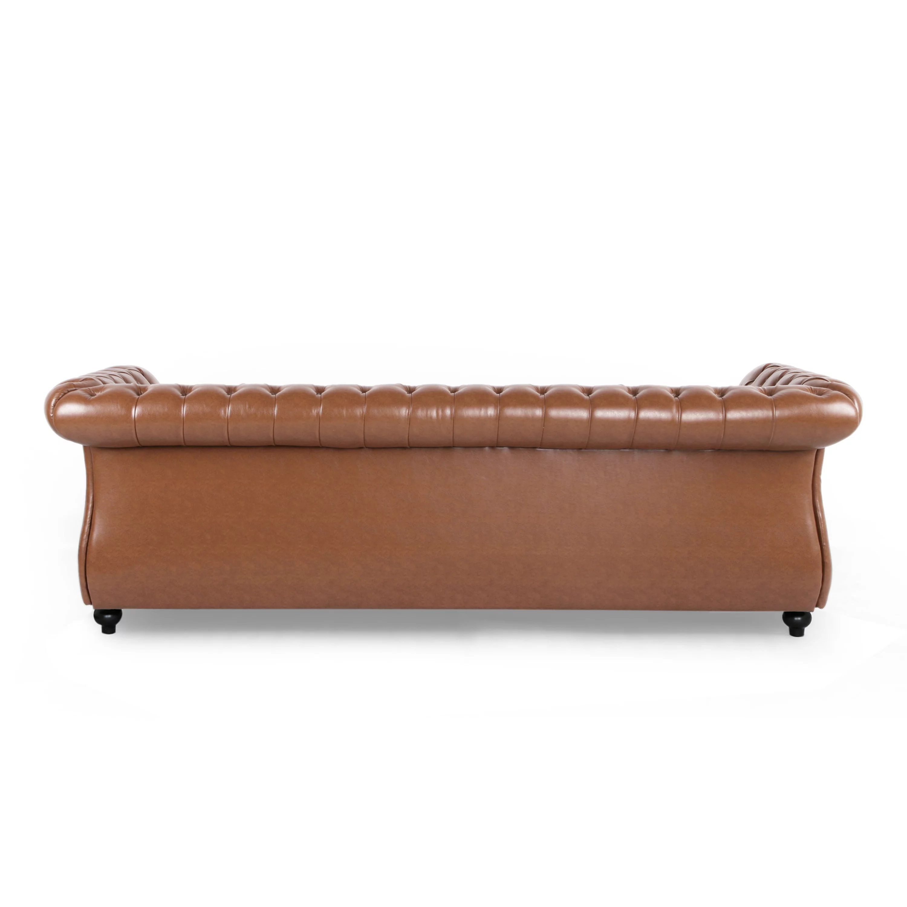 GDF Studio Kyle Chesterfield Tufted 3 Seater Sofa with Scroll Arms, Cognac Brown Faux Leather and Dark Brown