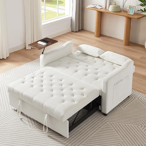 68.11" Corduroy Sleeper Chair Bed with USB Port, Cup Holders & Side Storage Pockets – 3-in-1 Foldable Sofa Bed for Guest Room, Living Room – White