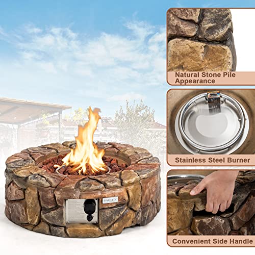 Tangkula 28 Inch Round Propane Gas Fire Pit, Patiojoy 40,000 BTU Stone Look Outdoor Propane Fire Pit with Lava Rocks & PVC Cover