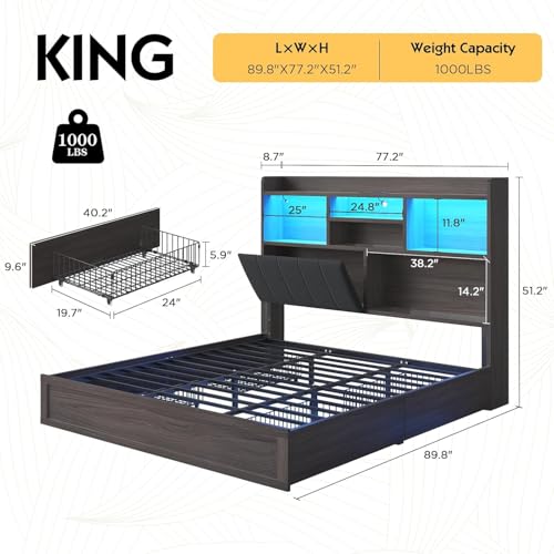 Full Farmhouse Bed Frame with Bookcase Headboard and 4 Drawers, LED Storage Bed with Charging Station & Linen Upholstered, No Box Spring Needed, Black
