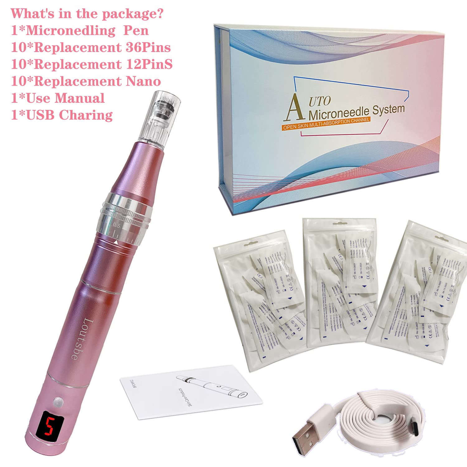 Loutsbe Cordless Electric Microneedling Pen 21000RPM, Professional Dermapen Machine With 30 Pcs Replace Cartridege (12-pins ×10, 36pins×10