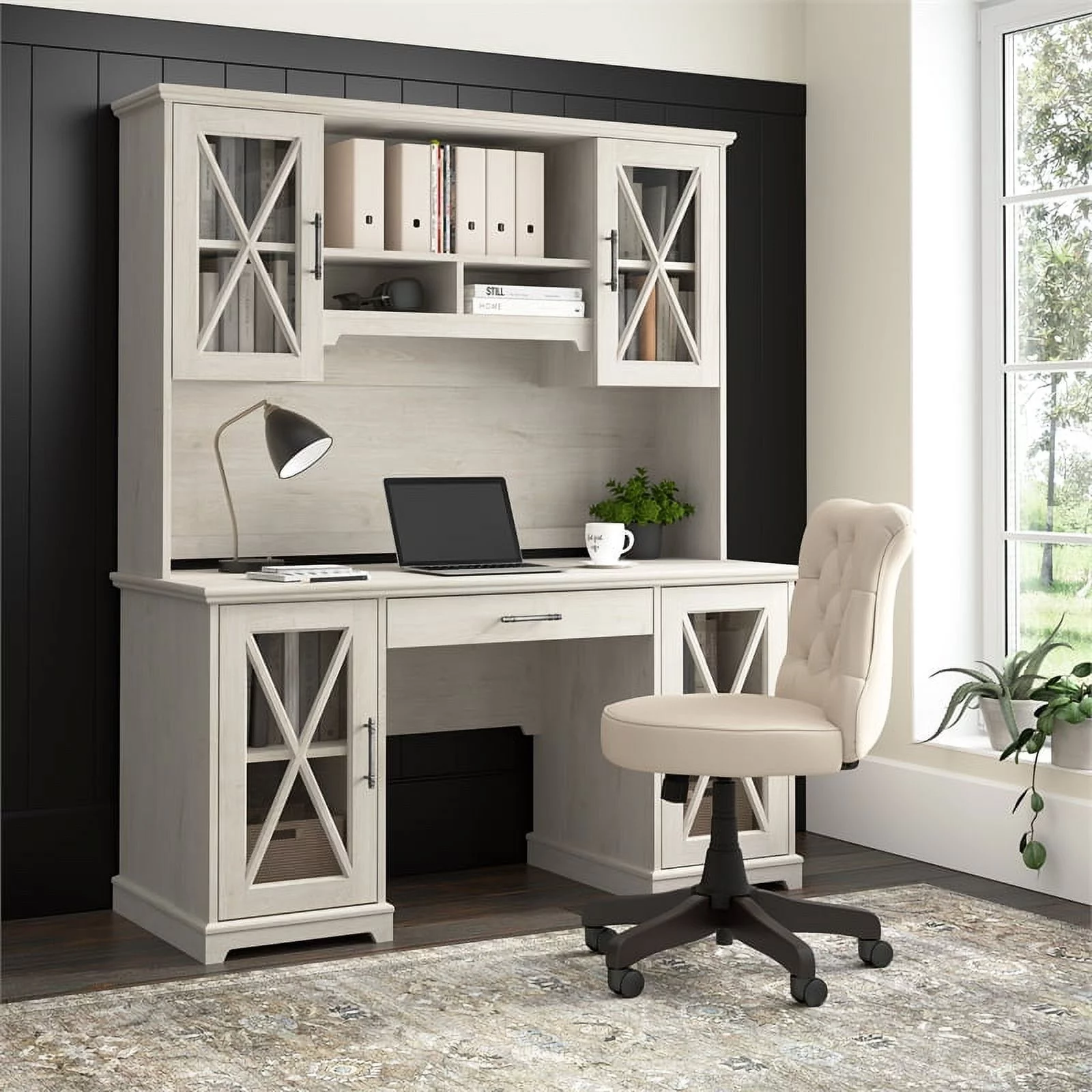 Bowery Hill Engineered Wood Hutch for Buffet Cabinet in Linen White Oak