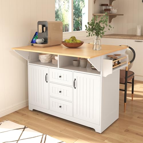 55.7'' Large Kitchen Island with 2 Drop Leaves, Rolling Kitchen Cart on 5 Wheels with Power Outlet