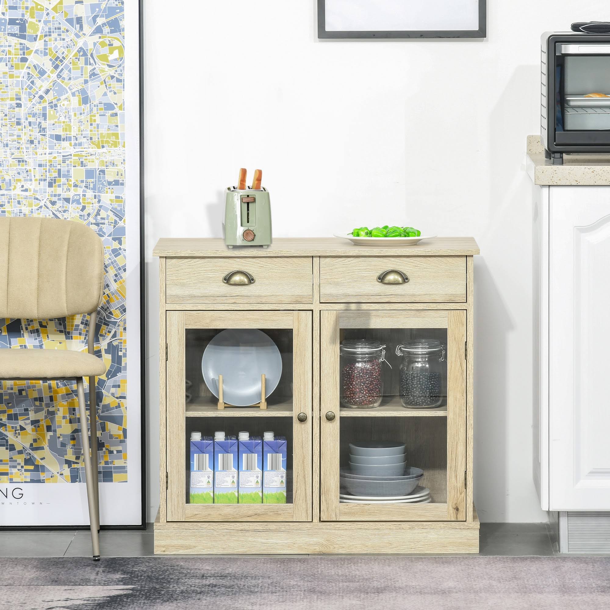 Homcom Rustic Farmhouse Style Sideboard Storage Cabinet with 2 Glass Doors Adjustable Shelves and 2 Drawers for Kitchen Dining R