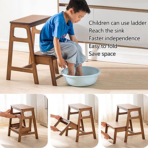 2-Step Ladder Stool, Dual Purpose Folding Solid Wood Step Stool, Portable Non-Slip Display Stand for Balcony Coffee Shop, Save Space