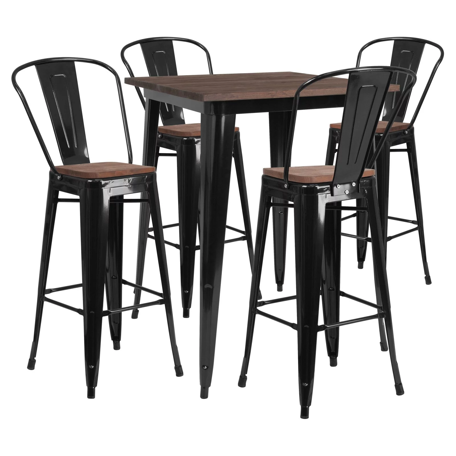 Flash Furniture 31.5" Square Black Metal Bar Table Set with Wood Top and 4 Stools