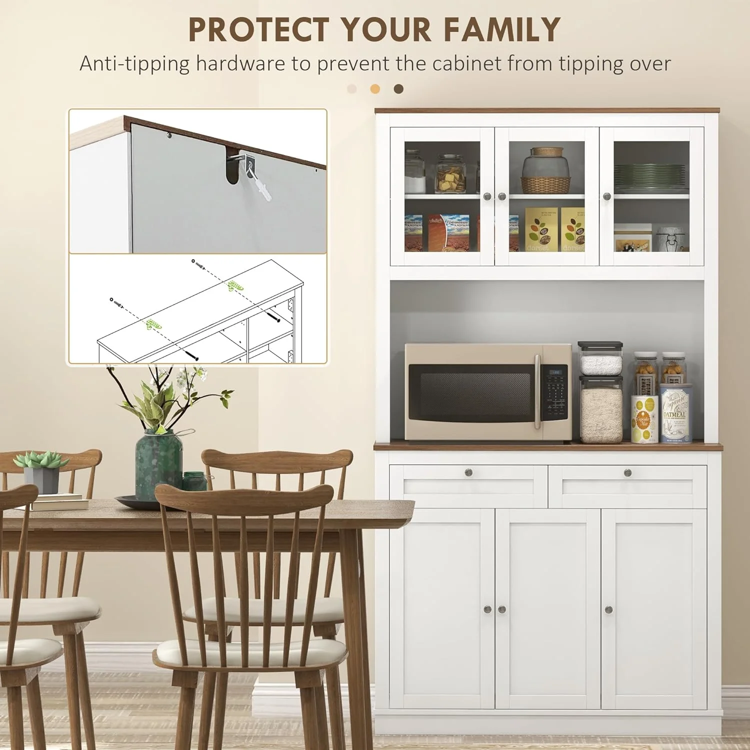 71" Tall Kitchen Pantry Storage Cabinet with Microwave Stand, Freestanding Buffet with Hutch, 2 Drawers, 5 Doors
