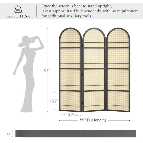 Room Divider and Folding Privacy Screens, Pine Wood 5.6 Ft Double Hinged Rattan Partition Freestanding Wall Room Divider for Home - 3 Panels