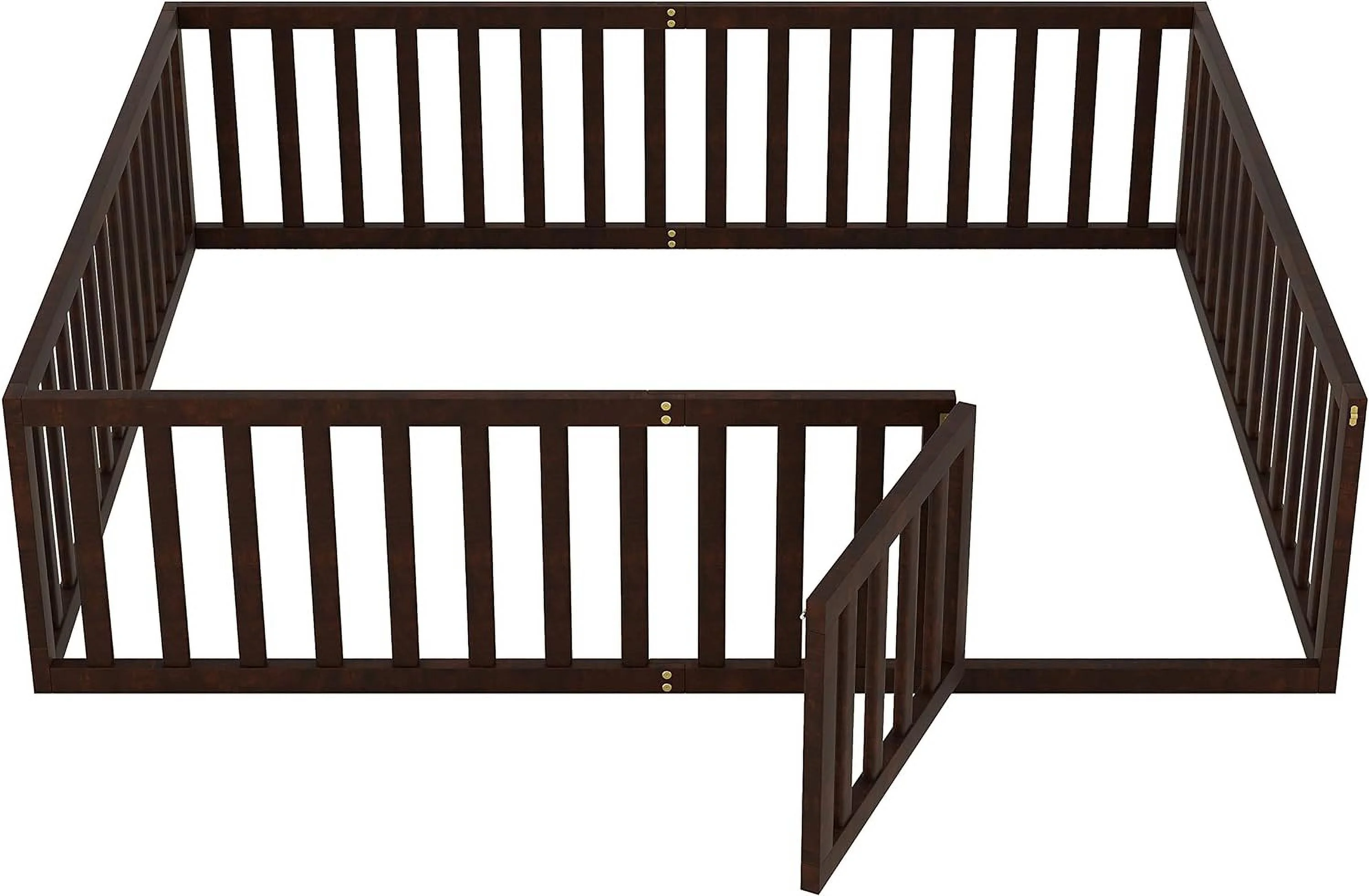 Queen Floor Bed With Fence For Kids, Montessori Floor Bed, Wood Platform Bed Frame Cabin Bed For Girls Boys, Walnut