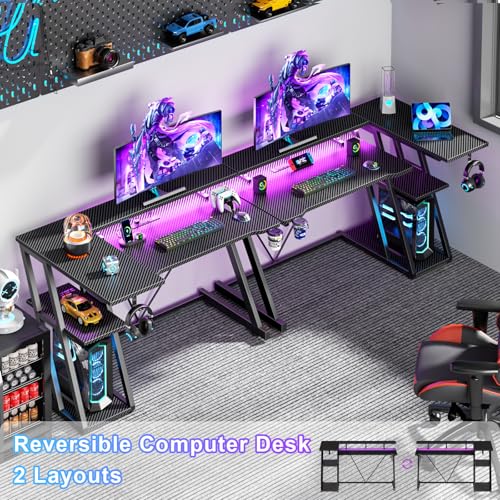 55 Inch Gaming Desk with Power Outlet & LED Lights, L Shaped Gamer Computer Table with Storage Shelves for Bedroom, Corner Home Office Desk