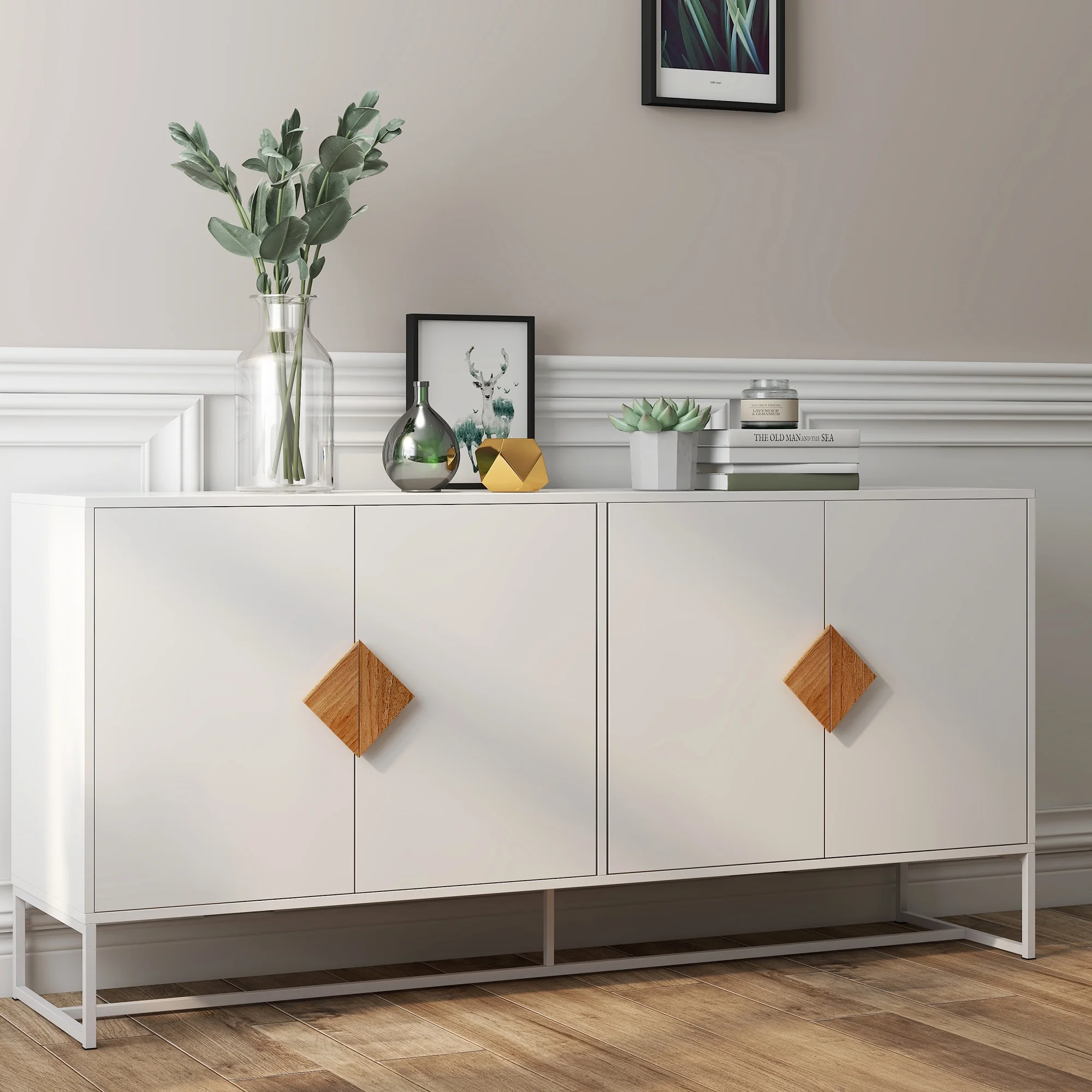 Saim Storage Sideboard Cabinet Double Storage Sideboard with 4 Doors, Solid Wood Square Handle Design Display Stand for Home, White