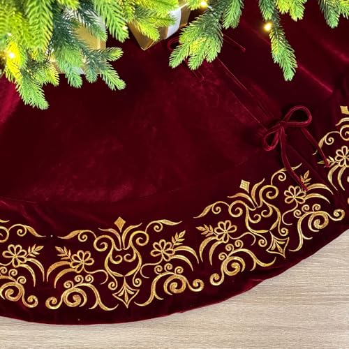 72-Inch Victorian Velvet Christmas Tree Skirt with Gold Damask Embroidery and Plush Lace Ties, Burgundy
