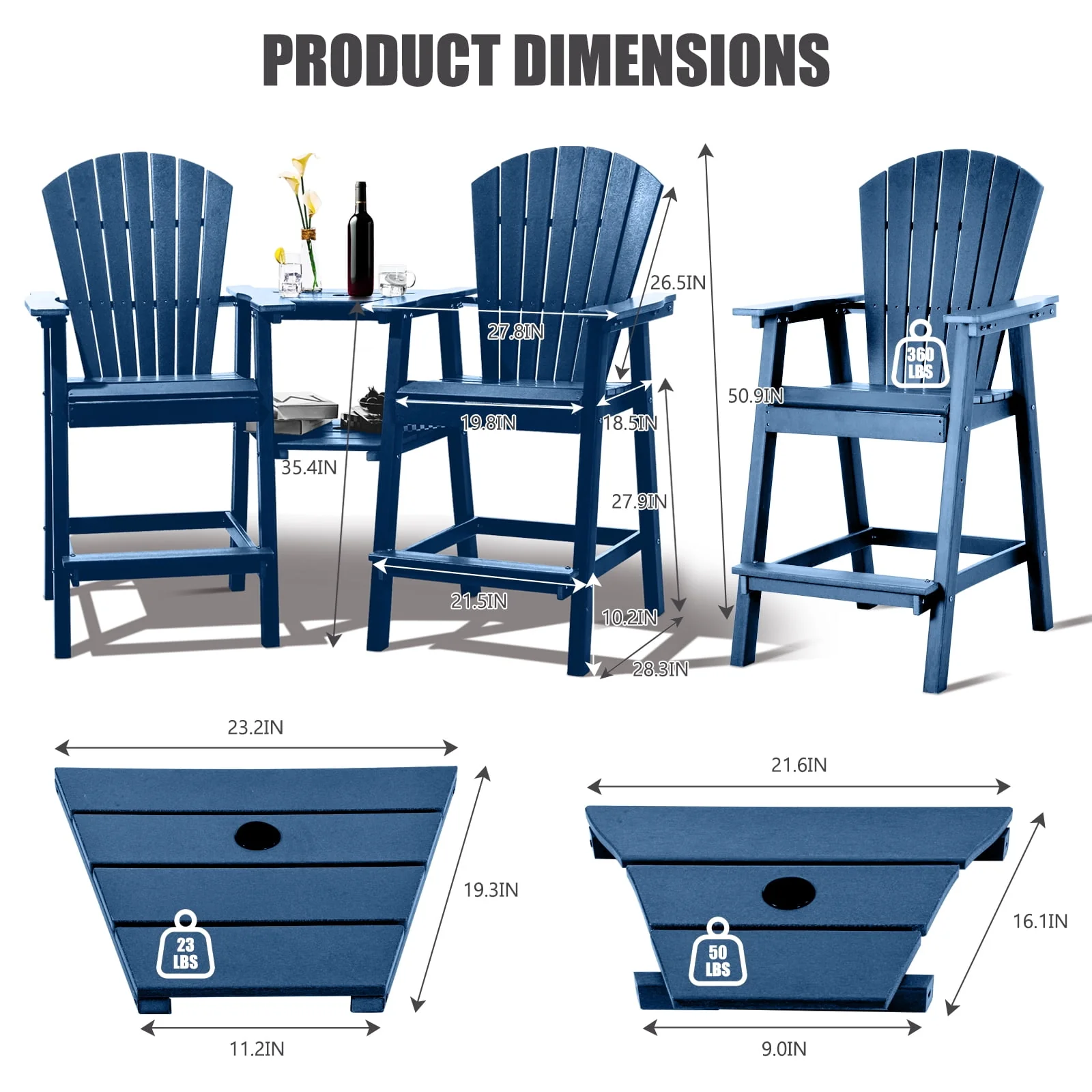 Tall Adirondack Chairs Set of 2 .Outdoor Adirondack Barstools with Double Connecting Tray Patio Stools Weather Resistant for Outdoor Deck Lawn Pool