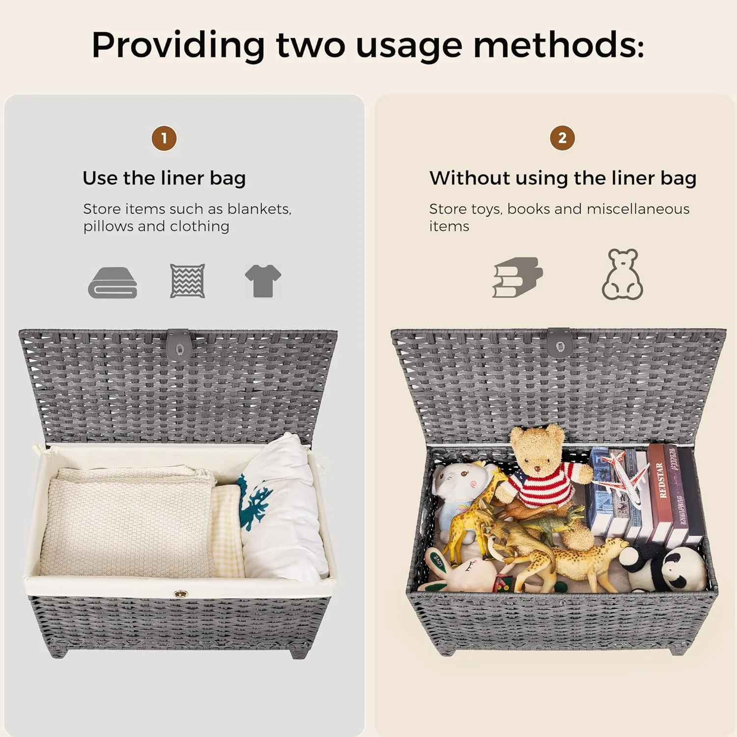Wicker Storage Basket with Lid,Rattan Shelf Basket with Removable Liner Bag,160L Storage Bin,Storage Trunk with Heightened Feet