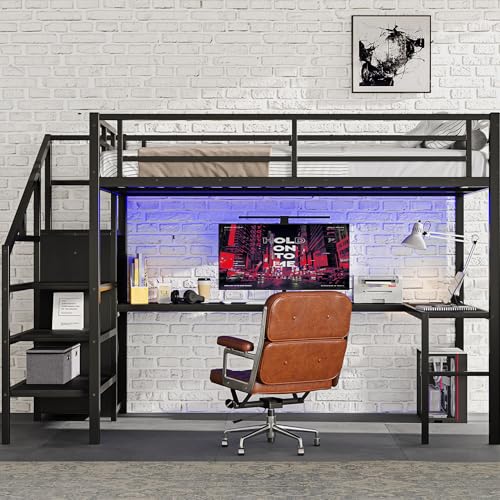 Bellemave Full Size Metal Loft Bed with L Shaped Desk and Wardrobe, Heavy Duty Loft Bed Frame with Storage Stairs