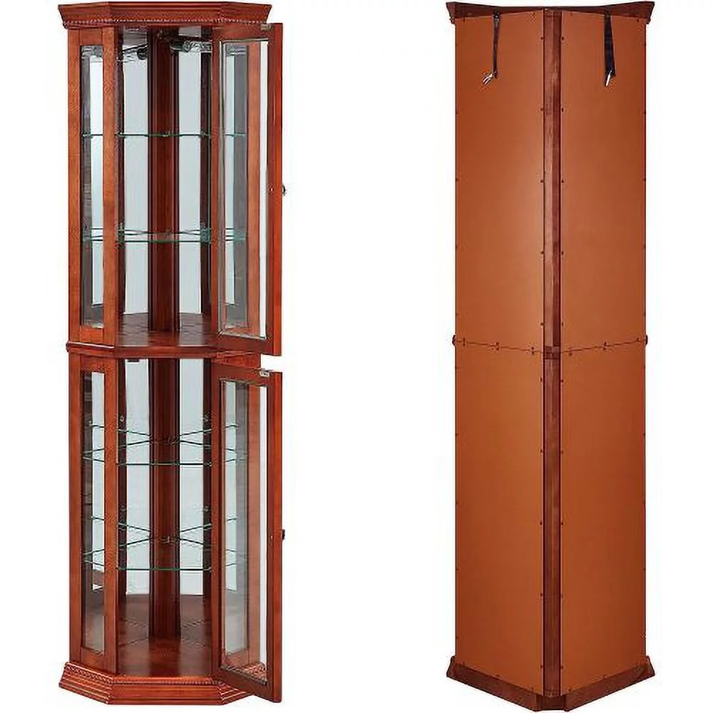 leeheeyee Lighted Tall Corner Cabinet，Wooden Corner storage cabinet with tempered glass door ，two shelf units， for Living Room or Bedroom
