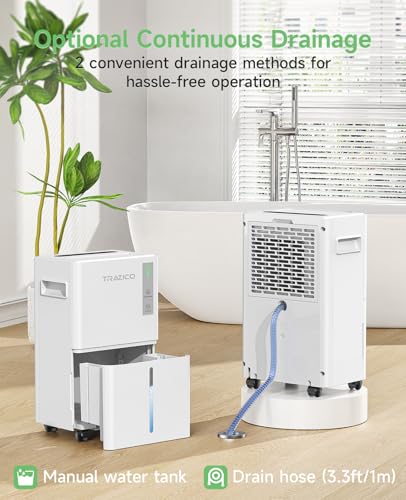 1500 Sq.ft Dehumidifier for Basement, Trazico 21 Pint Dehumidifiers for Home Large Room with Drain Hose, Smart Humidity Control, 3 Modes, 24H Timer